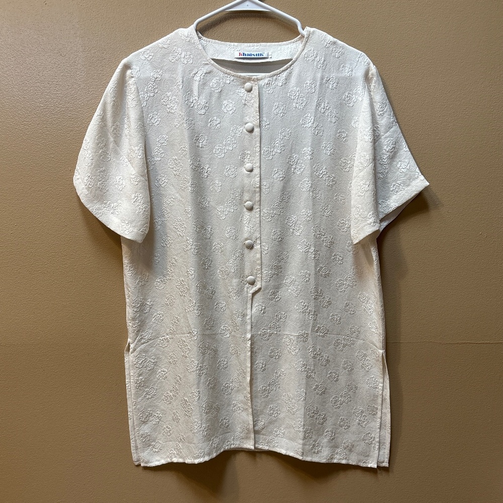 Khaisilk Short Sleeve Silk Cream Button Up Tunic Size S